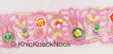 Pink Hand Embroidered Cutwork Beaded Trim, Multicolour Sequins Wedding Sash, Zardozi Sari Border Trim By Yard Decorative Exclusive Fashion